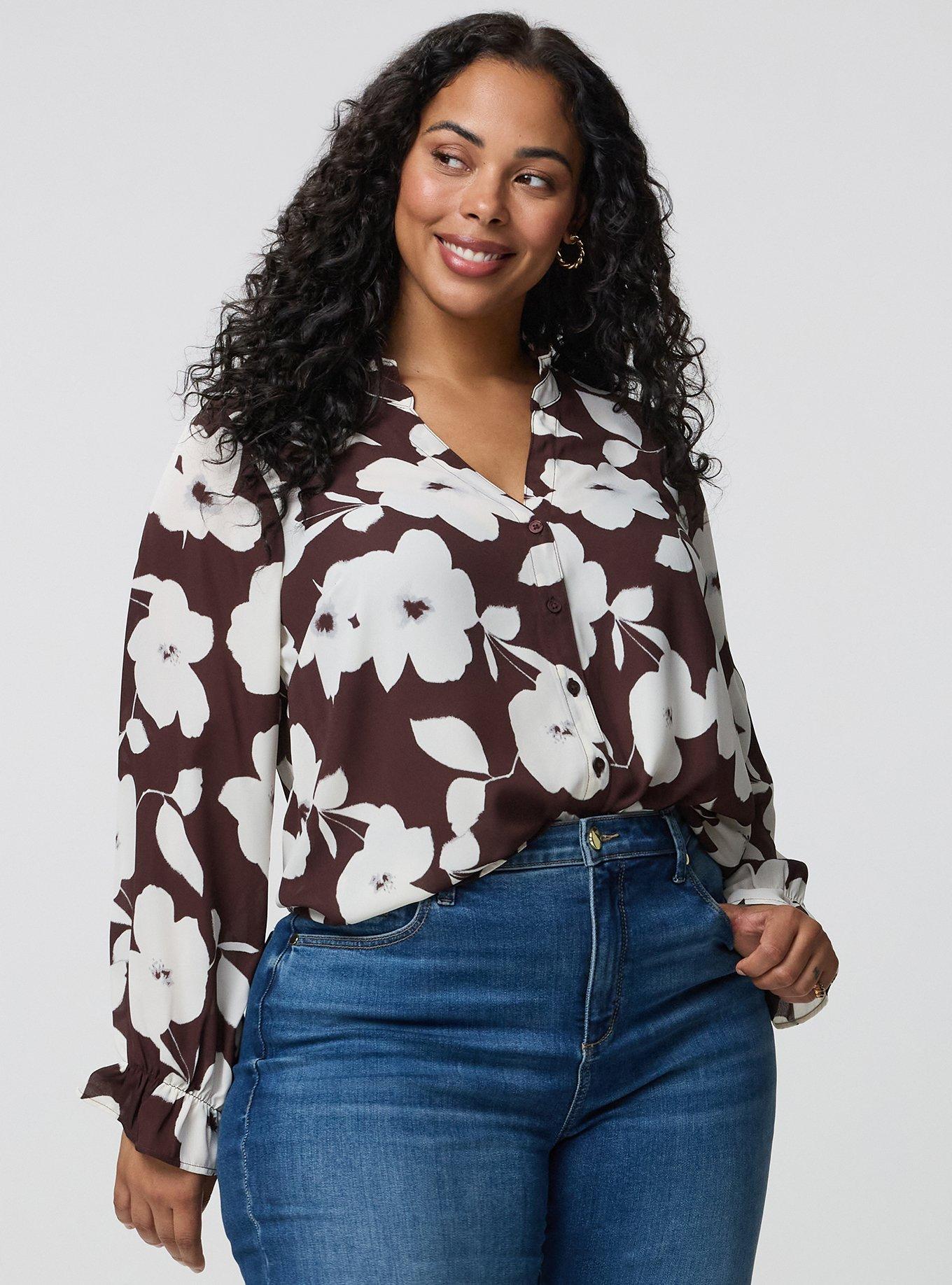 Plus Size Georgette Button-Up Blouse, LANCE FLORAL BROWN, alternate