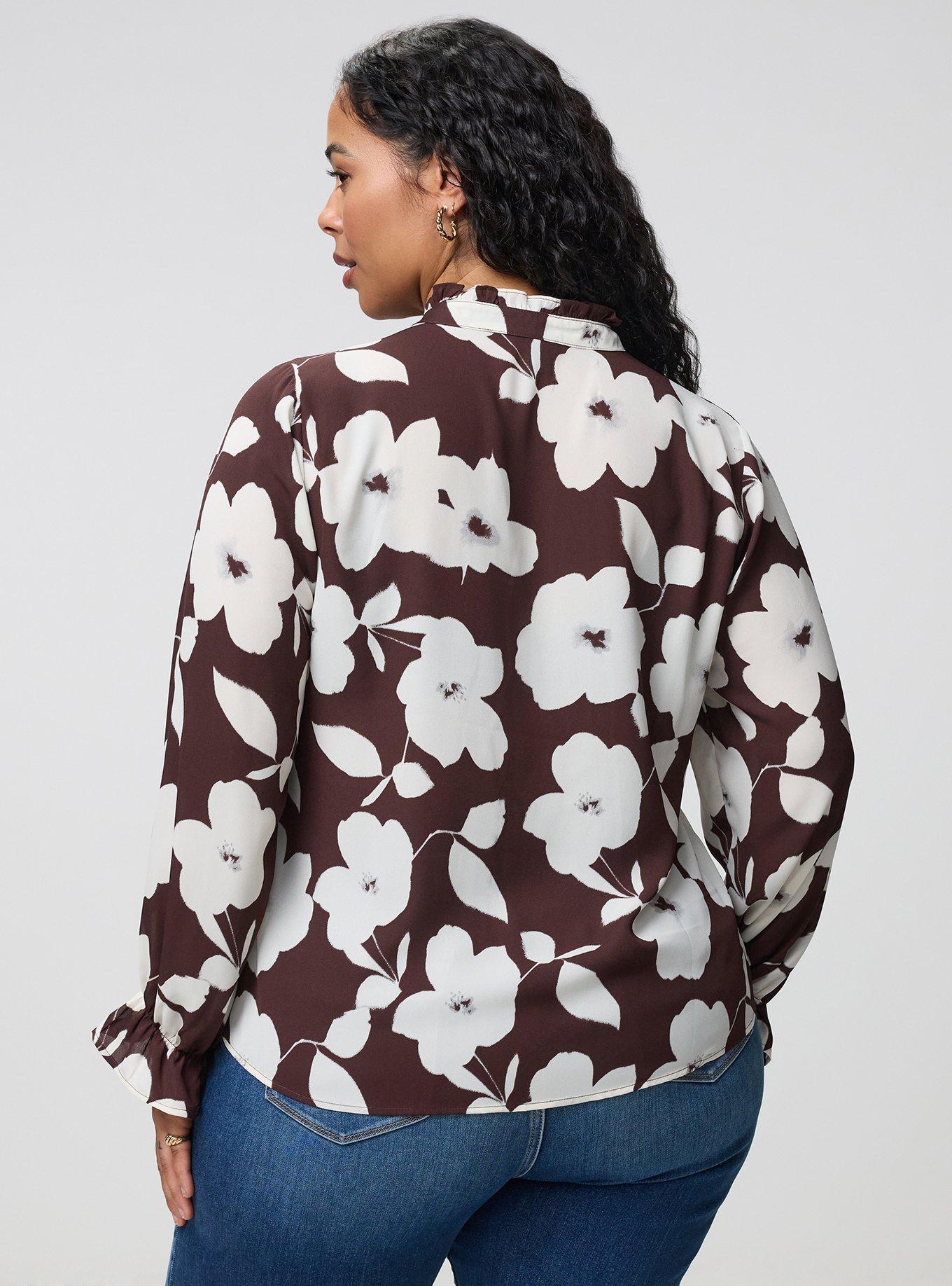 Plus Size Georgette Button-Up Blouse, LANCE FLORAL BROWN, alternate