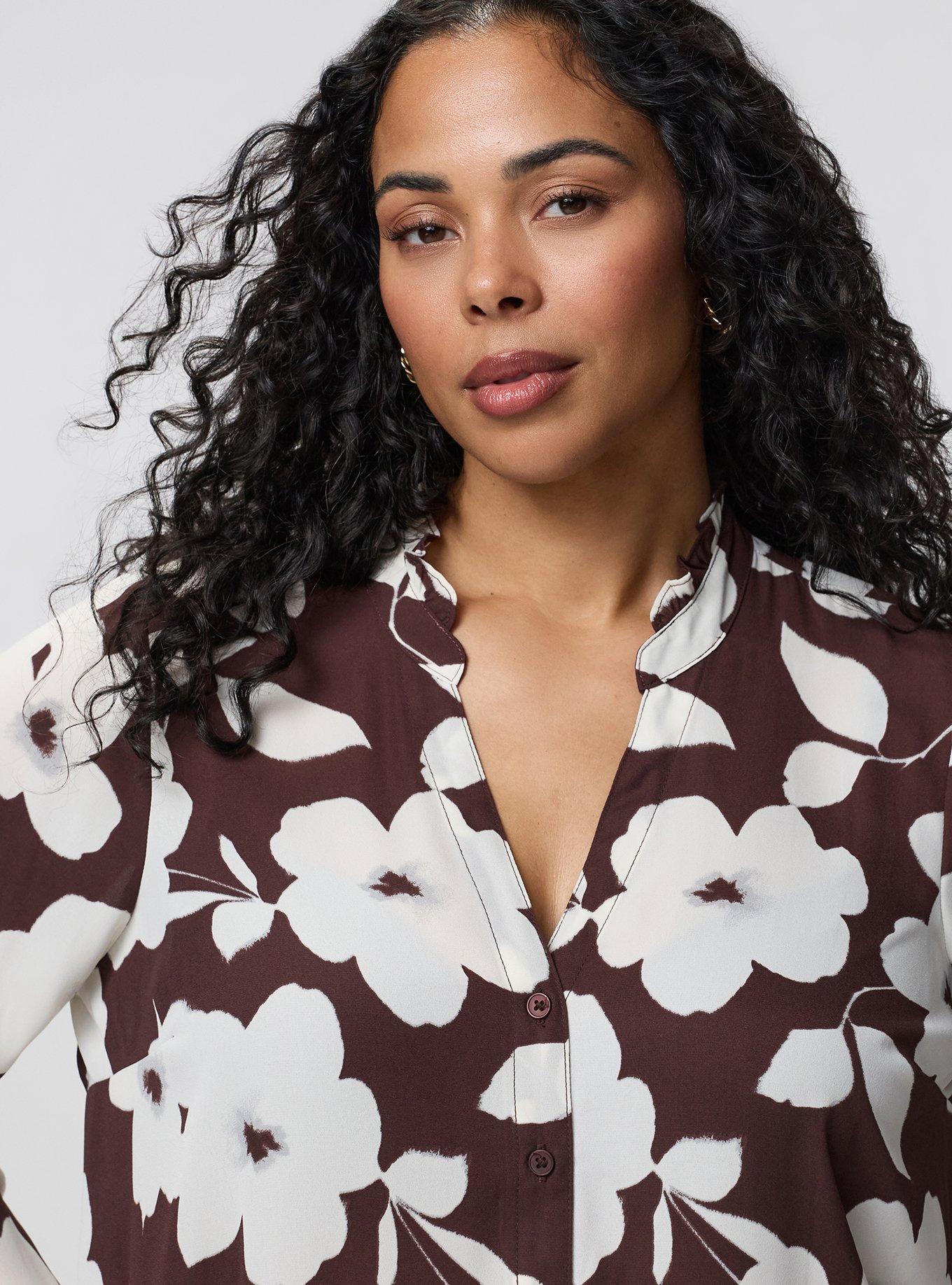Plus Size Georgette Button-Up Blouse, LANCE FLORAL BROWN, alternate