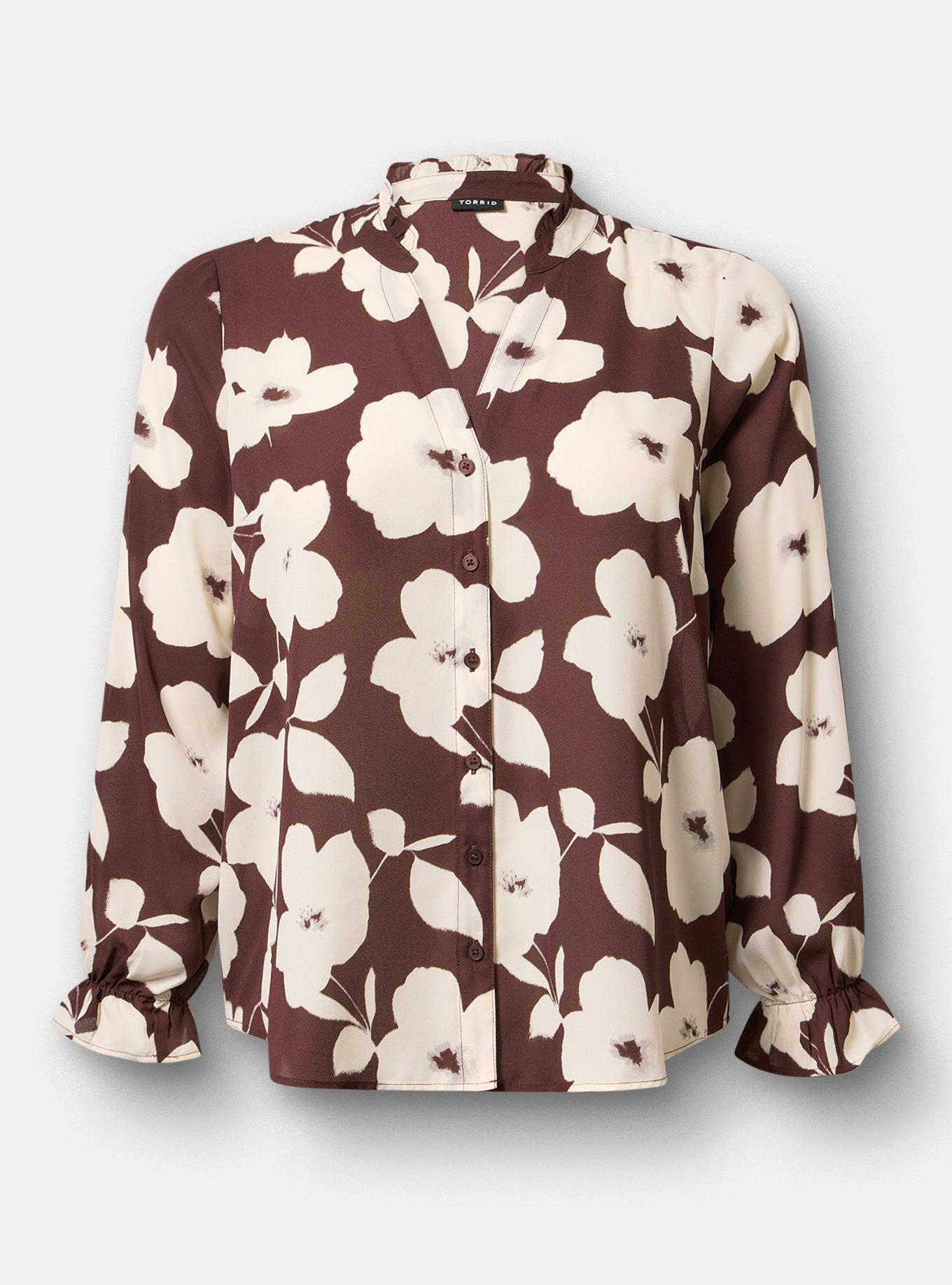 Plus Size Georgette Button-Up Blouse, LANCE FLORAL BROWN, flat