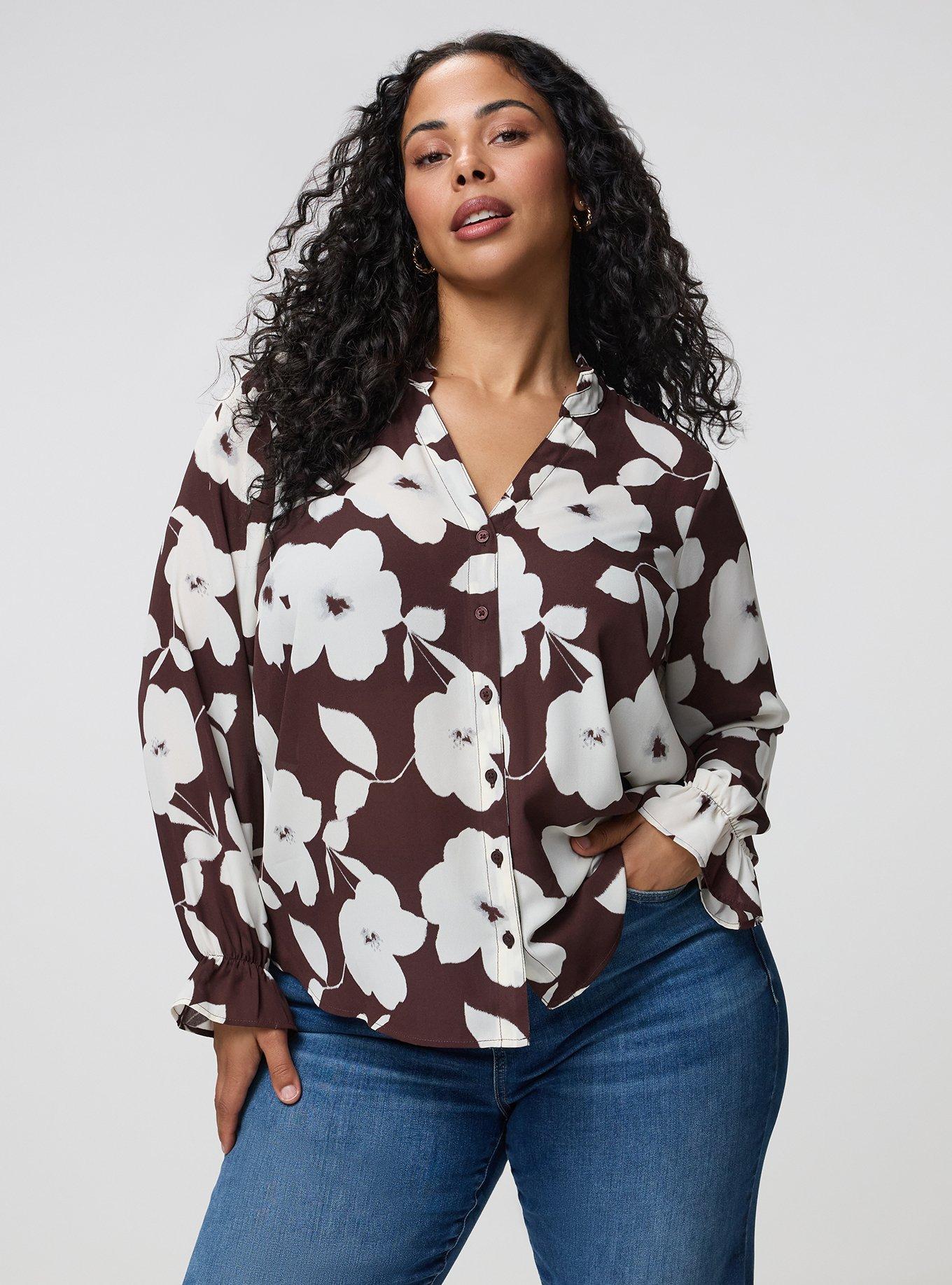 Plus Size Georgette Button-Up Blouse, LANCE FLORAL BROWN, hi-res
