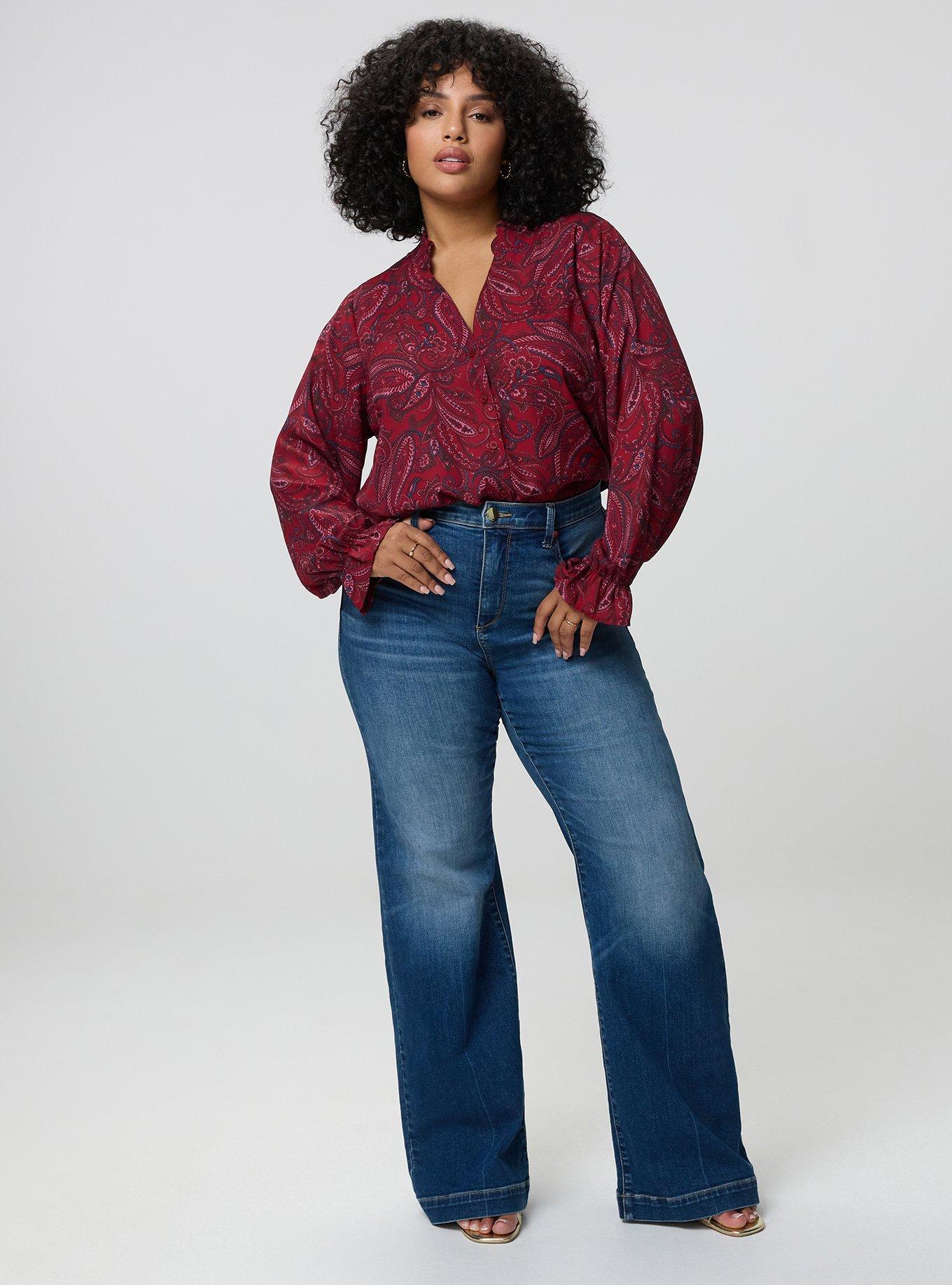 Plus Size Georgette Button-Up Blouse, FRENCH PAISLEY BURGUNDY, alternate