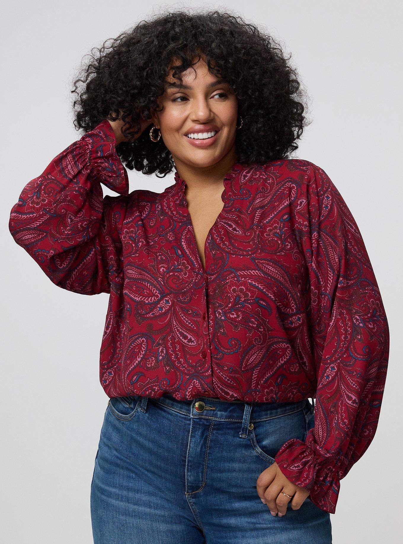 Plus Size Georgette Button-Up Blouse, FRENCH PAISLEY BURGUNDY, alternate