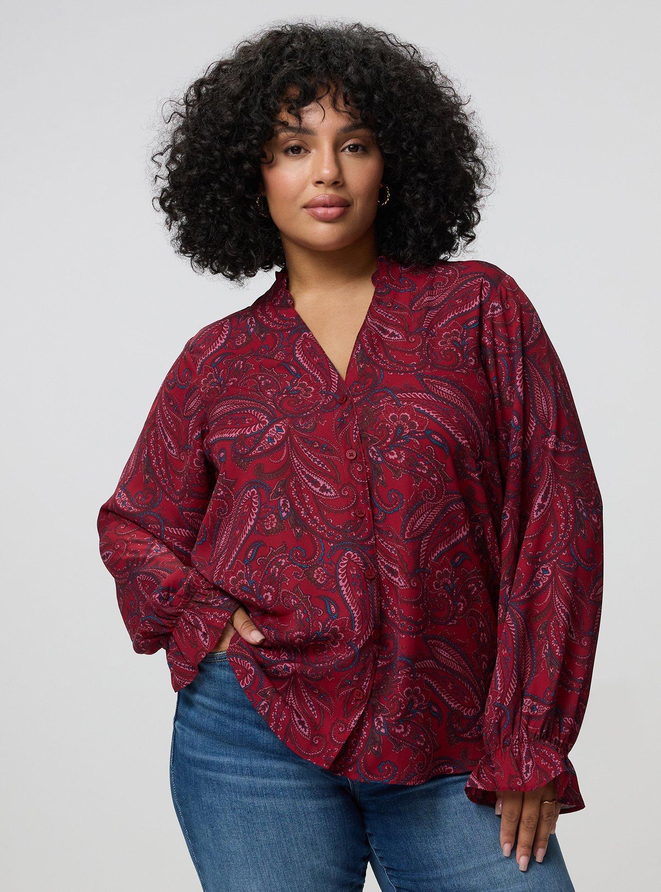 Plus Size Georgette Button-Up Blouse, FRENCH PAISLEY BURGUNDY, hi-res