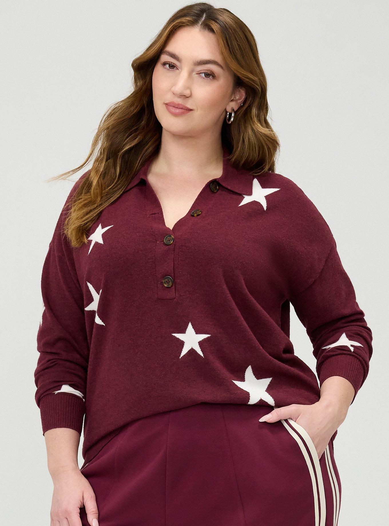Luxe Cozy Collared Pullover Sweater, STAR STUDDED MAROON BANNER, alternate