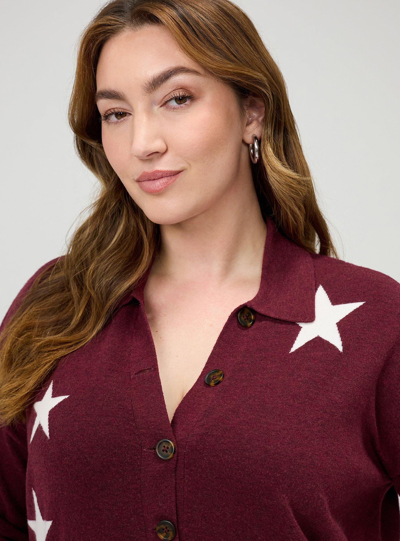Luxe Cozy Collared Pullover Sweater, STAR STUDDED MAROON BANNER, alternate