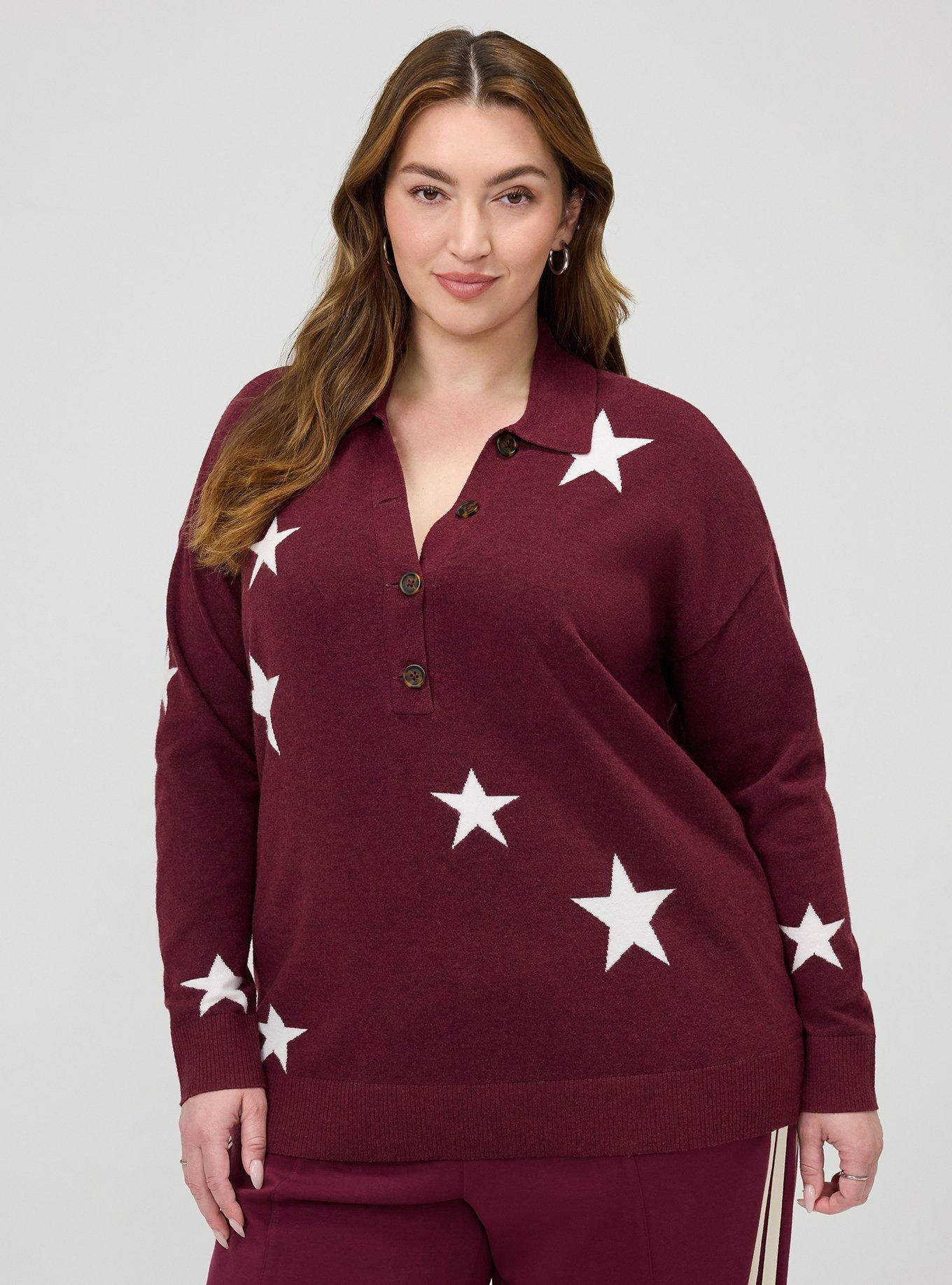 Luxe Cozy Collared Pullover Sweater, STAR STUDDED MAROON BANNER, hi-res