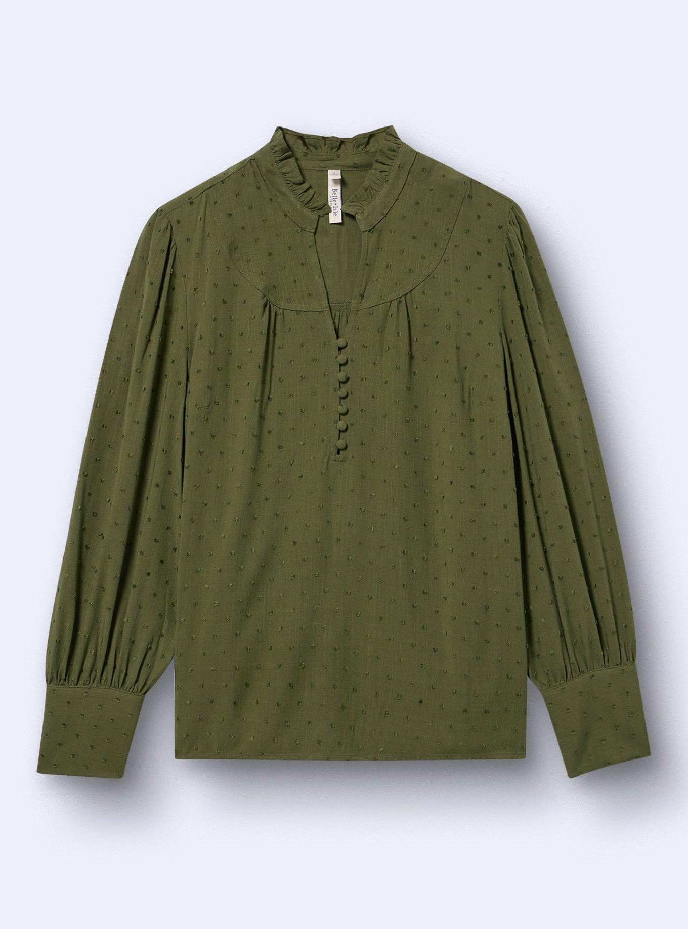 Plus Size Belle Isle Ruffle Collar Popover Top, BRONZE GREEN, flat