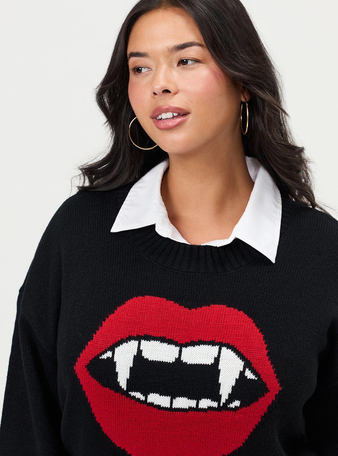 Plus Size Drop Shoulder Crew Neck Pullover, FANG RED LIPS DEEP BLACK, alternate