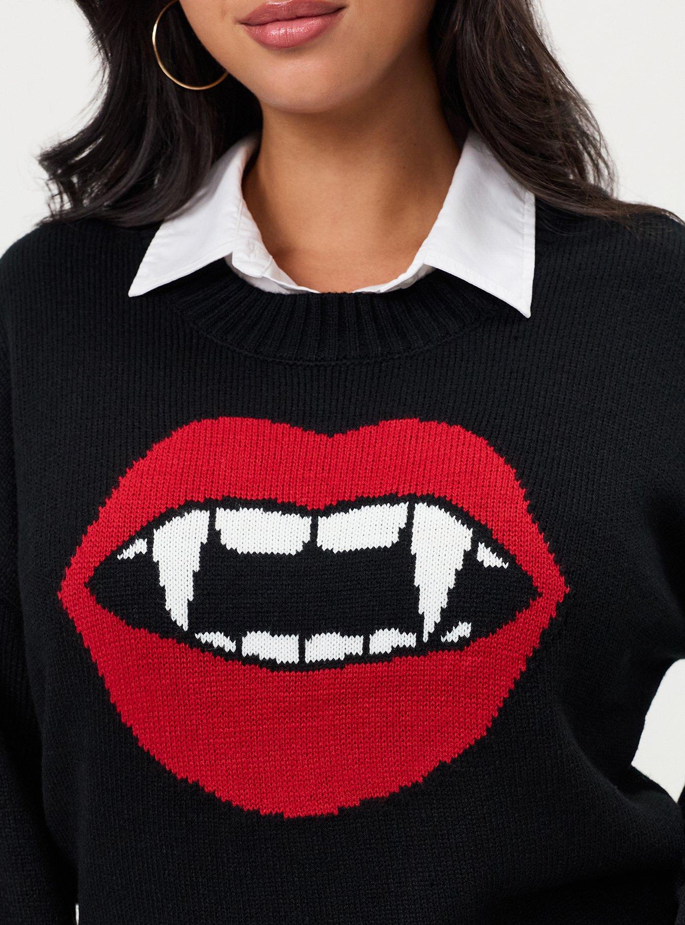 Plus Size Drop Shoulder Crew Neck Pullover, FANG RED LIPS DEEP BLACK, alternate