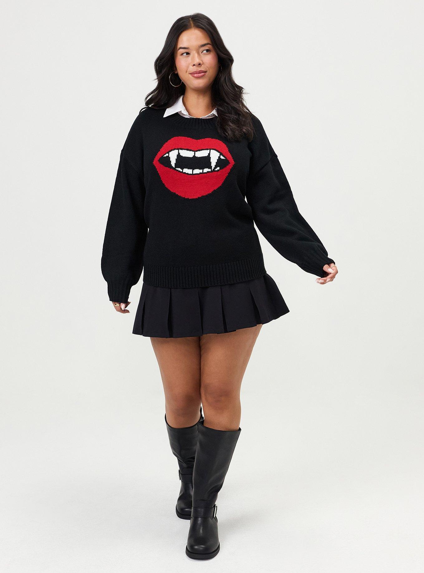 Plus Size Drop Shoulder Crew Neck Pullover, FANG RED LIPS DEEP BLACK, alternate