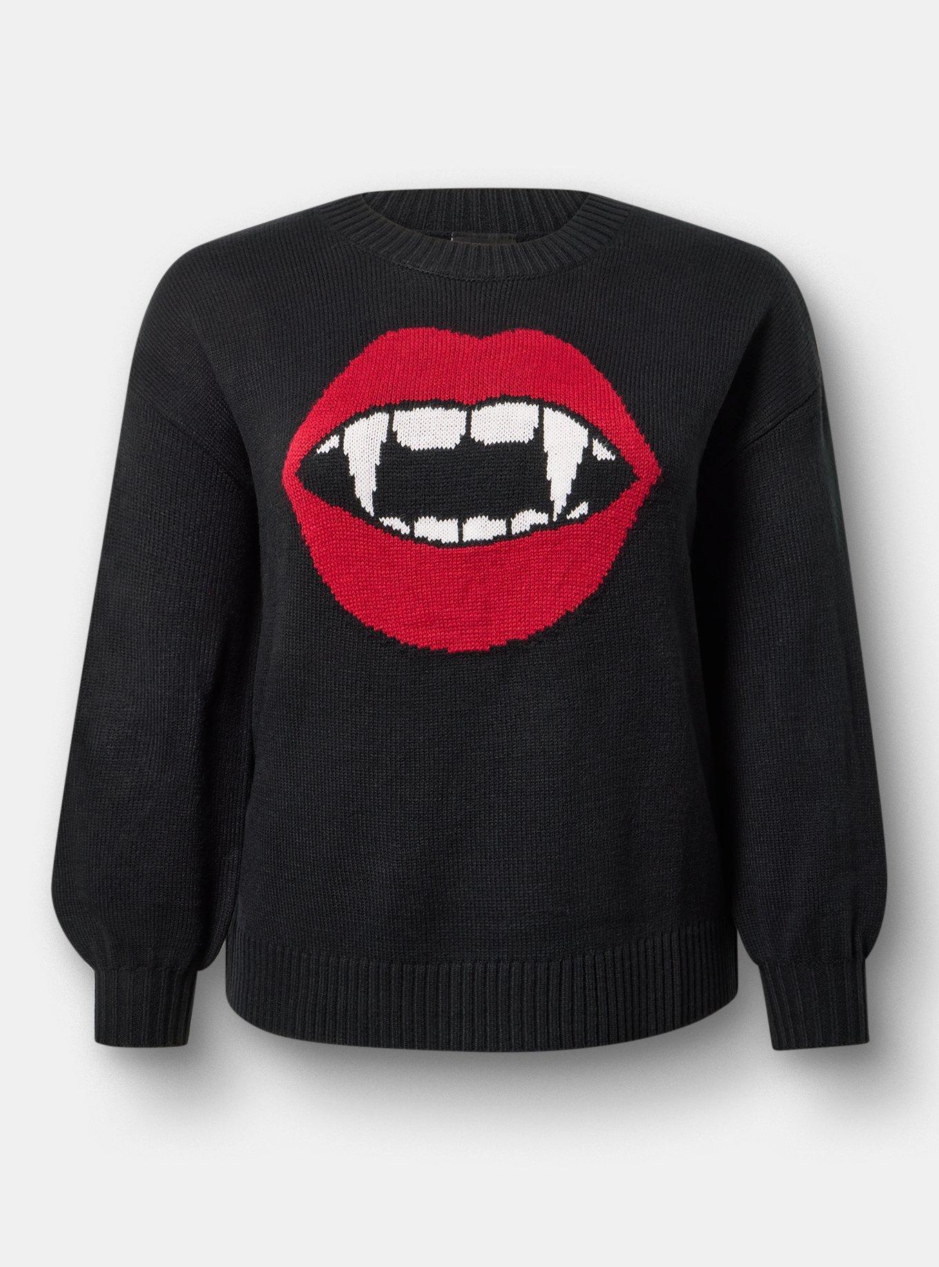 Plus Size Drop Shoulder Crew Neck Pullover, FANG RED LIPS DEEP BLACK, flat