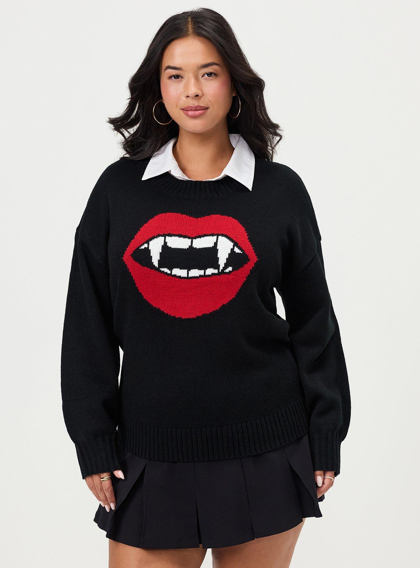 Plus Size Drop Shoulder Crew Neck Pullover, FANG RED LIPS DEEP BLACK, hi-res