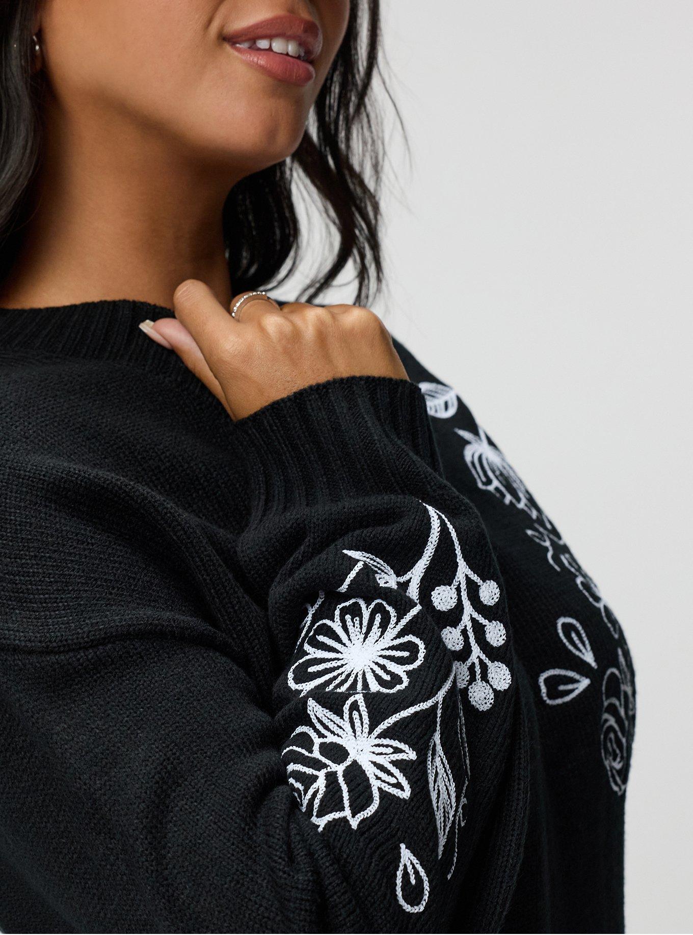 Drop Shoulder Crew Pullover, WILDFLOWER EMBROIDERY DEEP BLACK, alternate