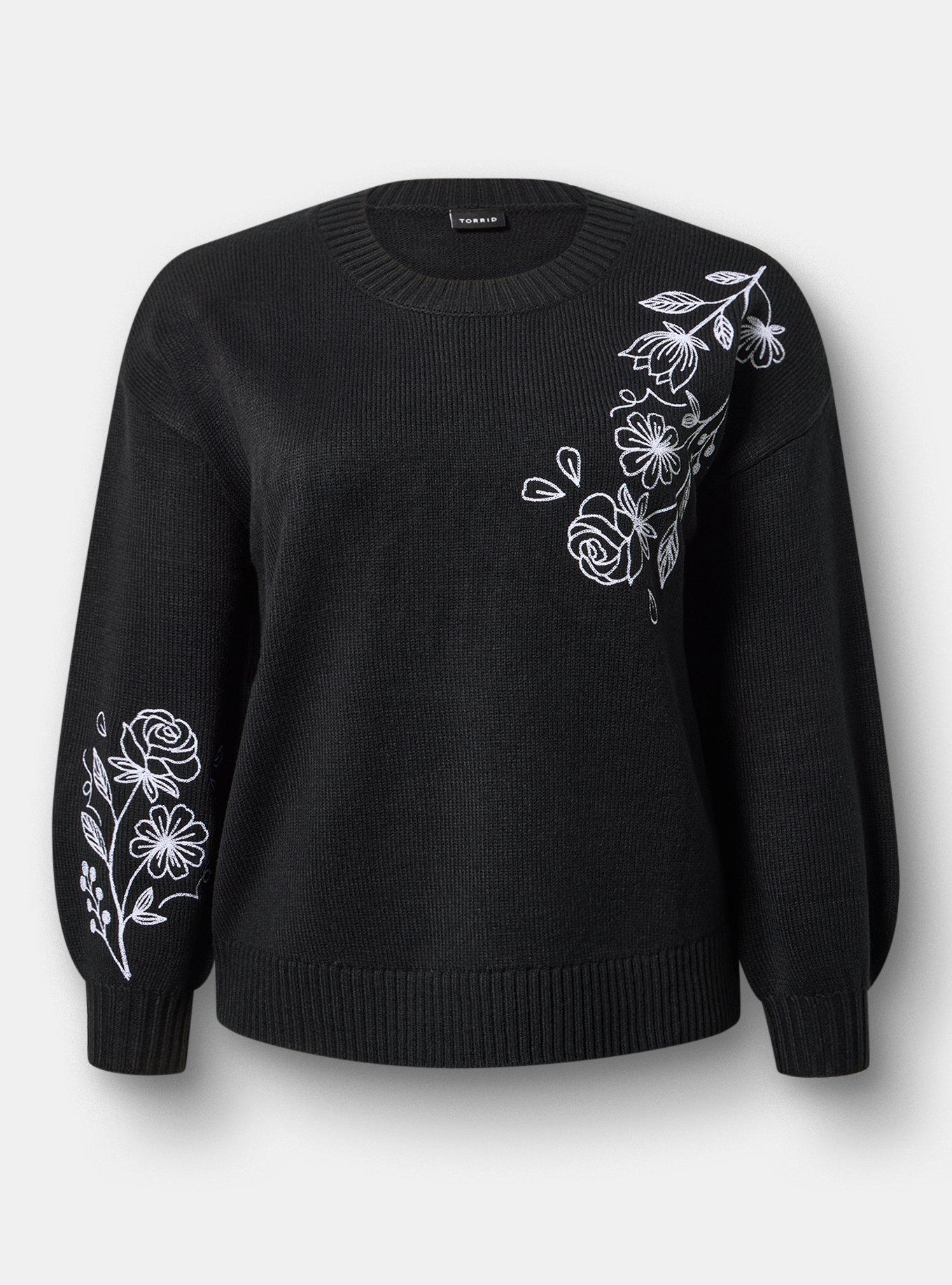 Plus Size Drop Shoulder Crew Pullover, WILDFLOWER EMBROIDERY DEEP BLACK, hi-res