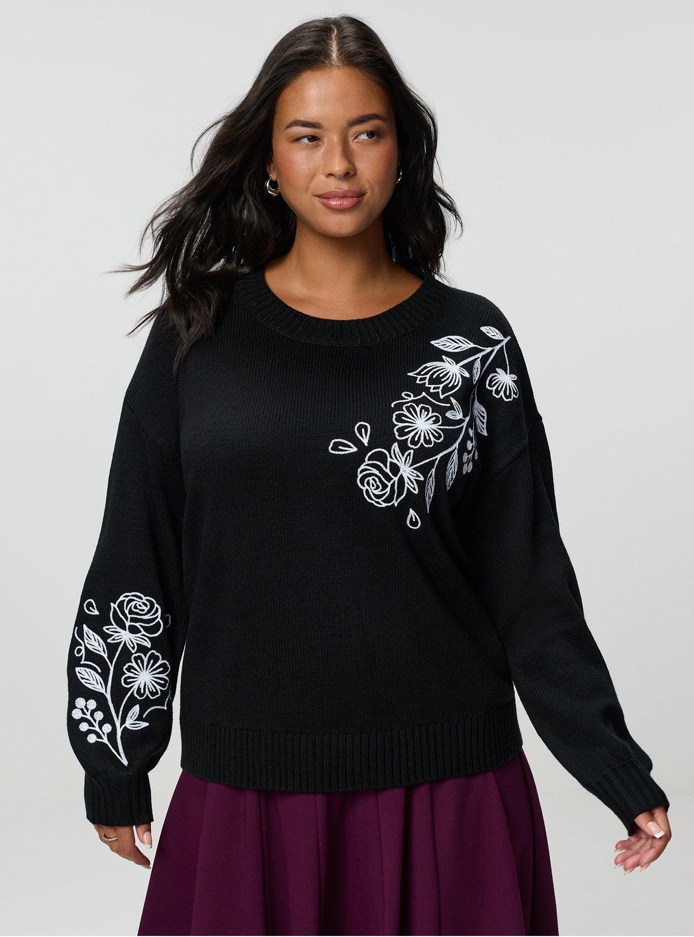 Drop Shoulder Crew Pullover, WILDFLOWER EMBROIDERY DEEP BLACK, hi-res