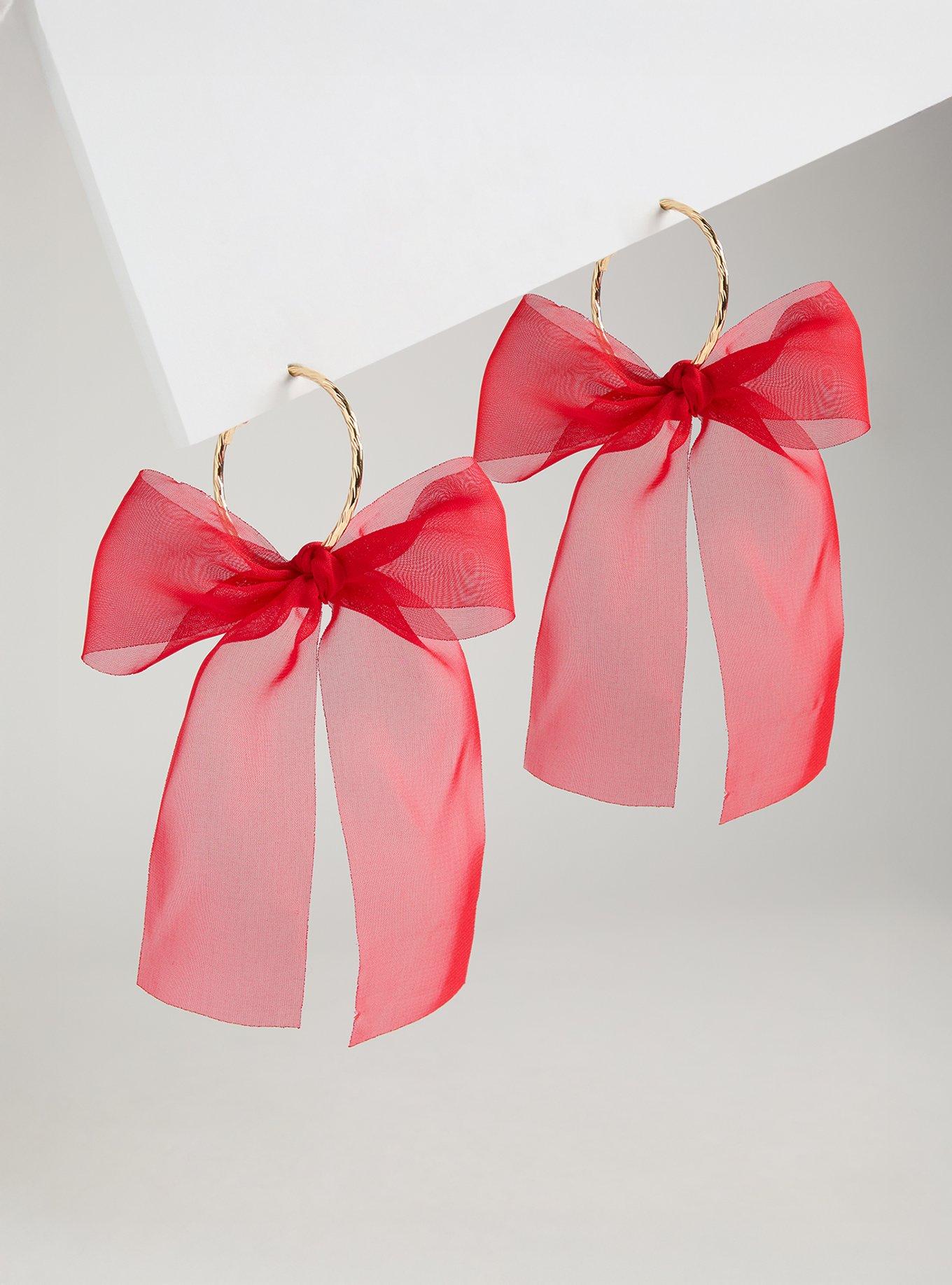 Ribbon Bow Hoop Earring, RED, hi-res