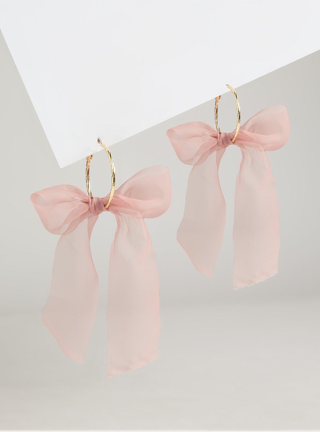 Plus Size Ribbon Bow Hoop Earring, PALE PINK, hi-res