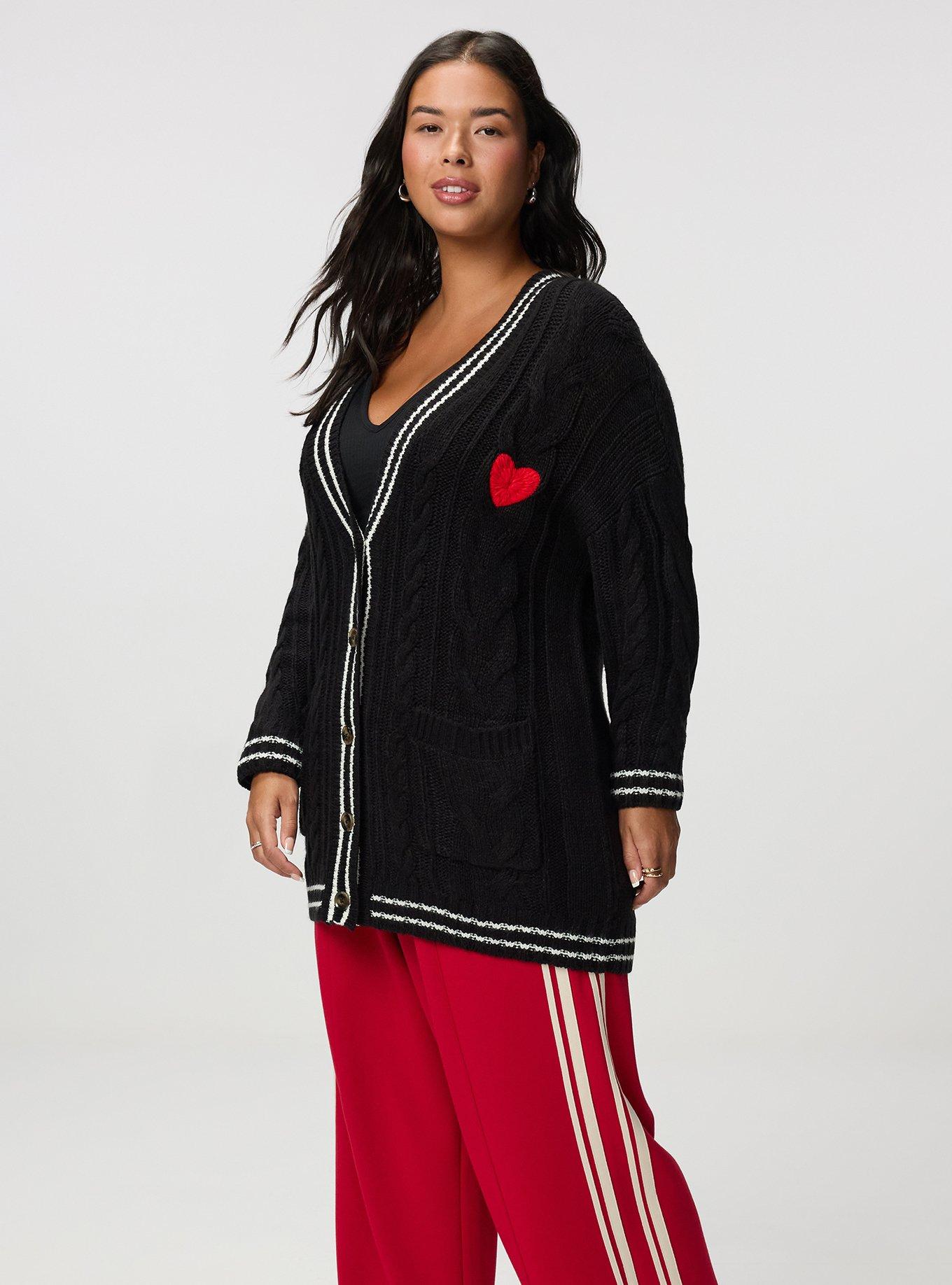 Button-Front Boyfriend Cardigan, AMOR HEARTS DEEP BLACK, alternate