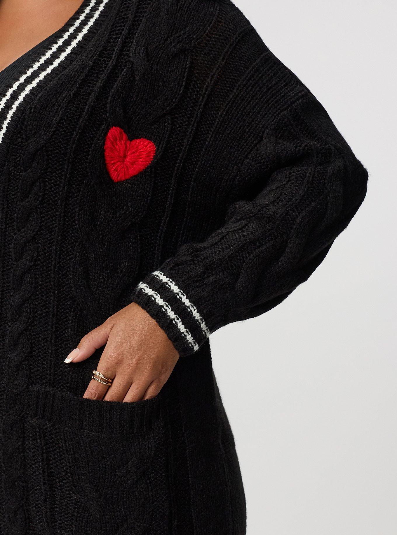 Button-Front Boyfriend Cardigan, AMOR HEARTS DEEP BLACK, alternate