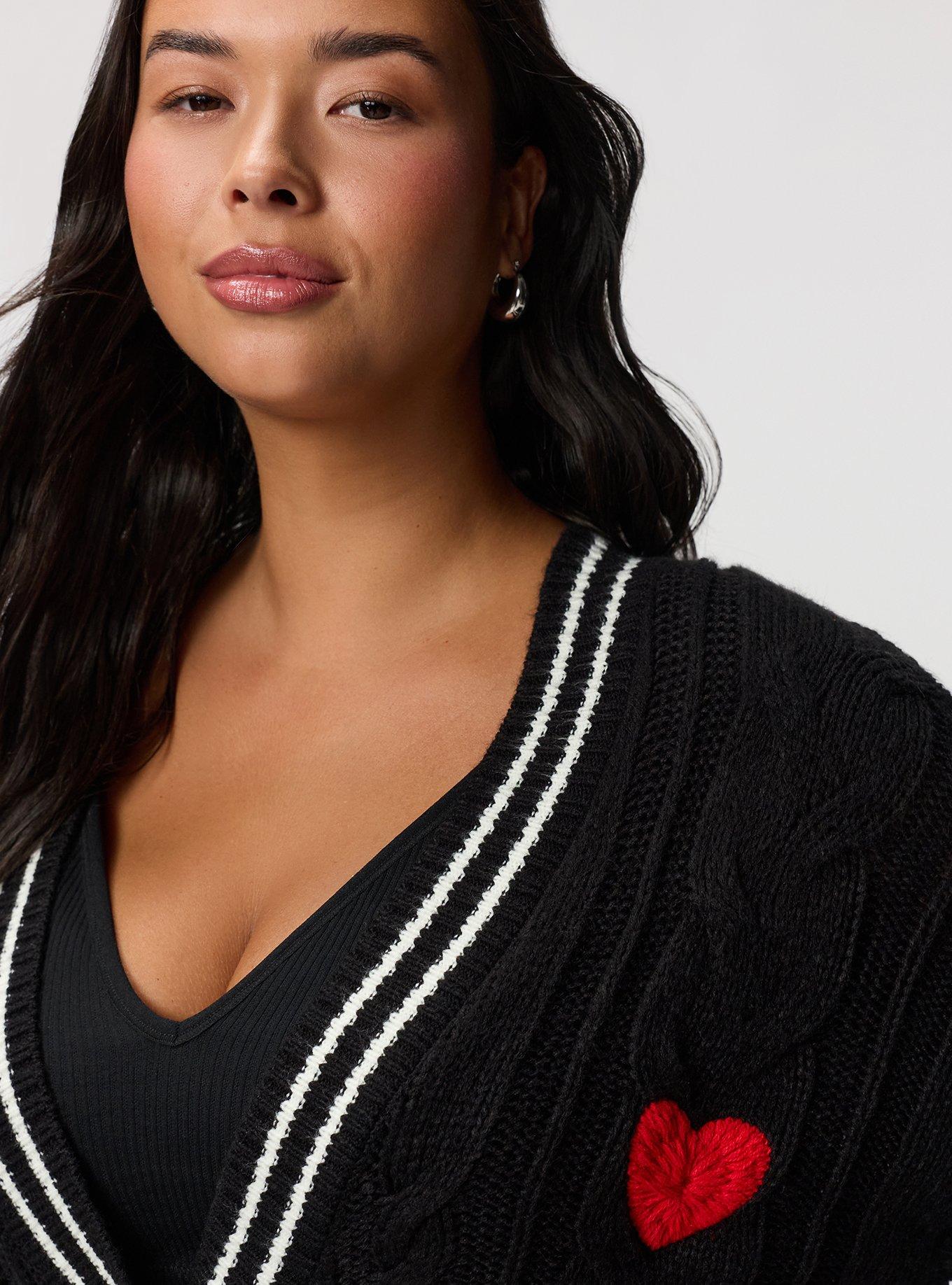 Button-Front Boyfriend Cardigan, AMOR HEARTS DEEP BLACK, alternate