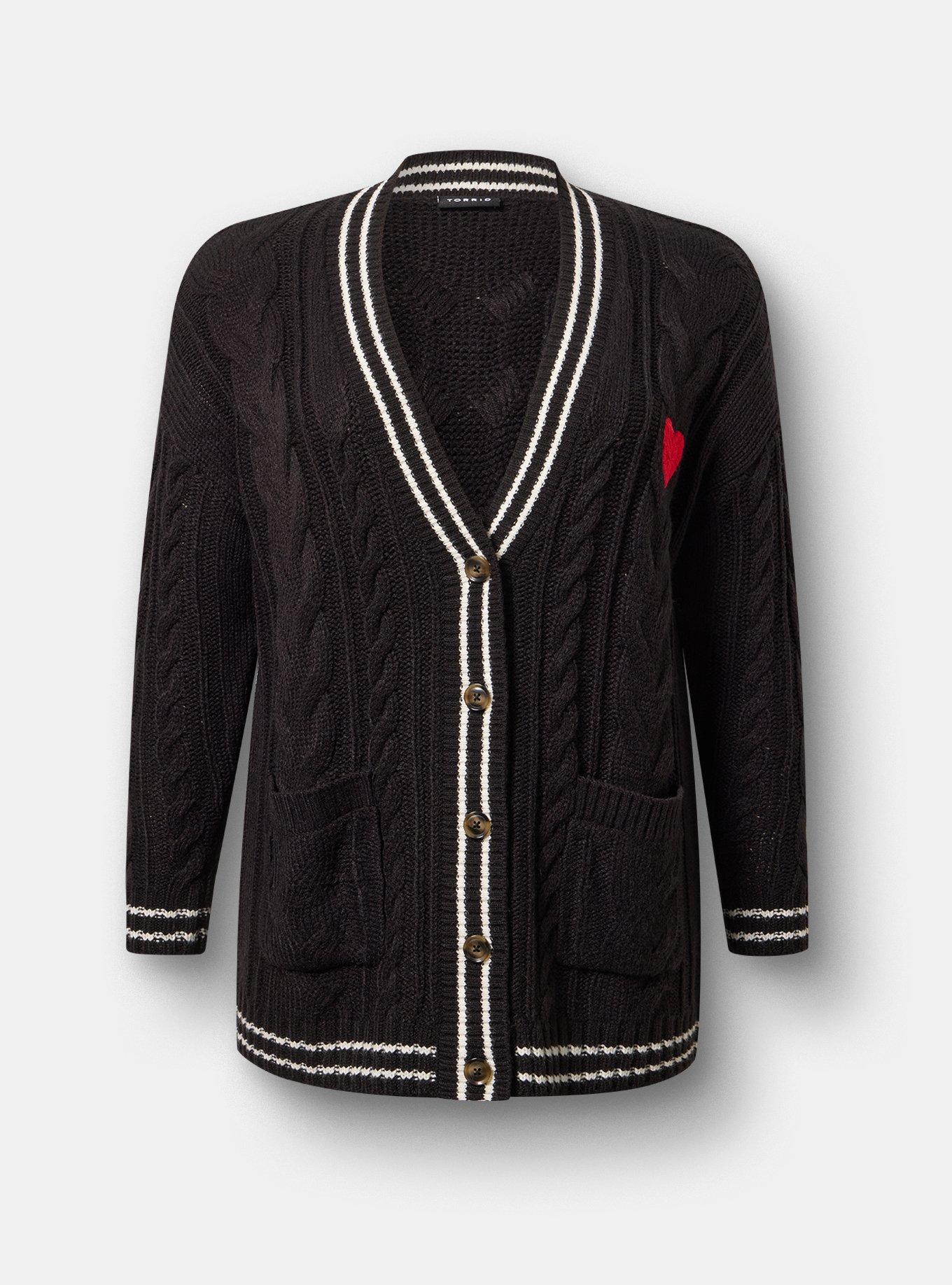 Button-Front Boyfriend Cardigan, AMOR HEARTS DEEP BLACK, flat