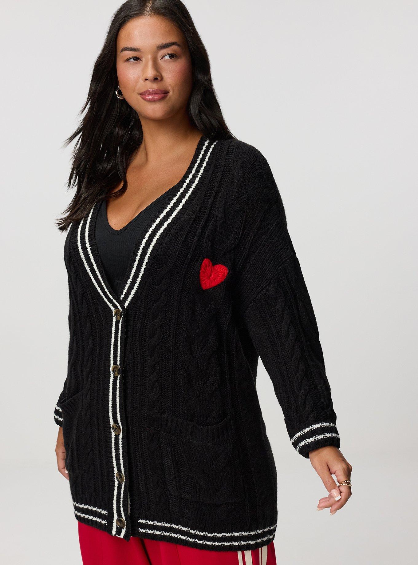 Button-Front Boyfriend Cardigan, AMOR HEARTS DEEP BLACK, hi-res