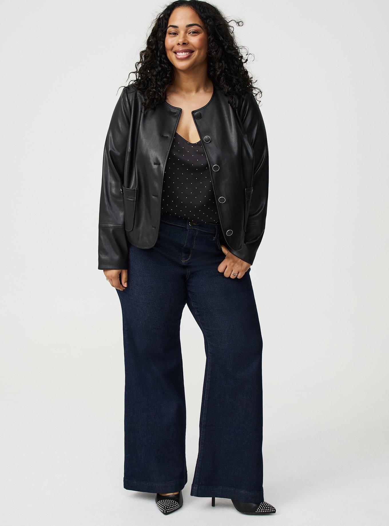 Collarless Faux Leather Jacket
