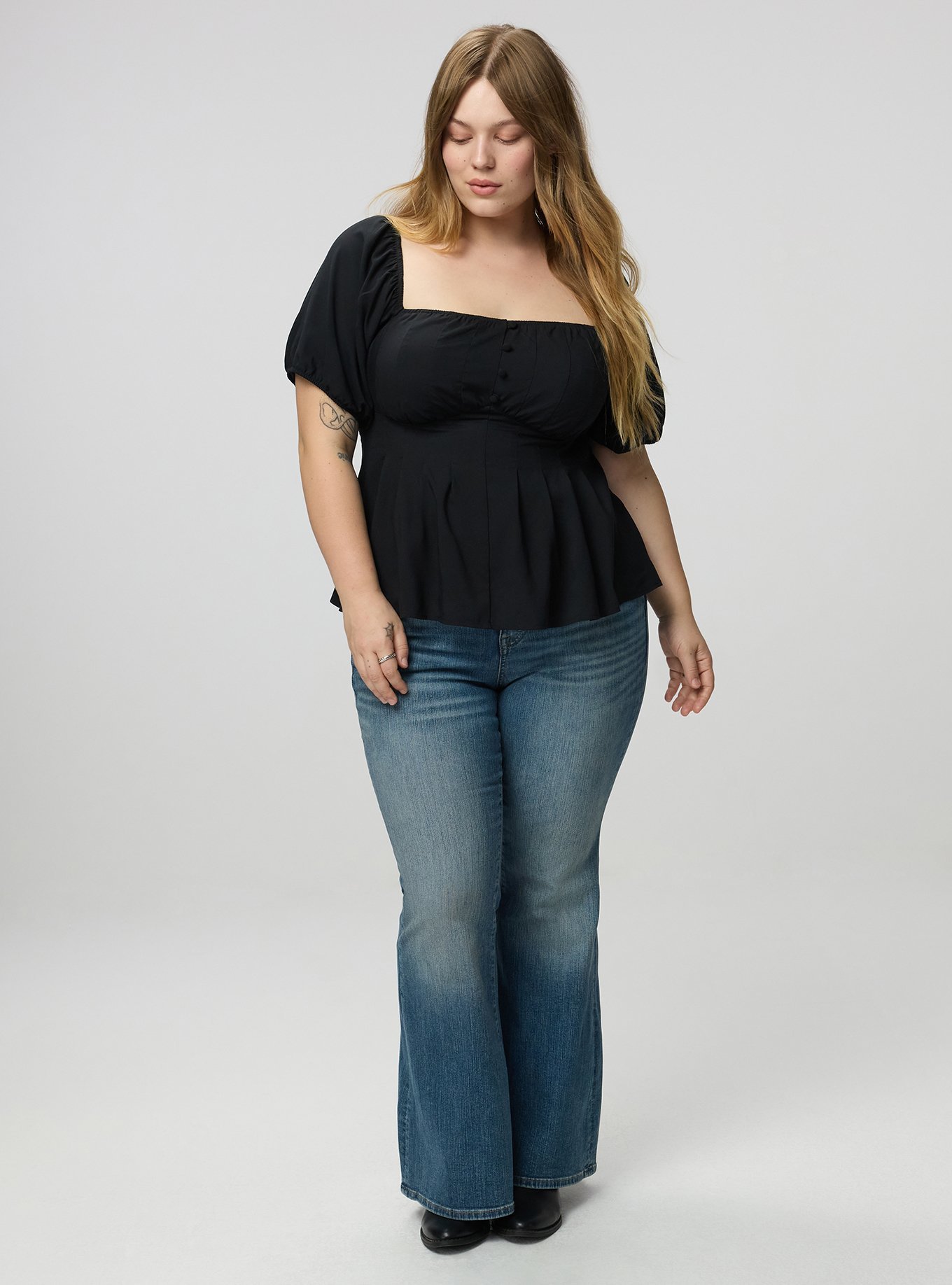 Puff Sleeve Corset Top, DEEP BLACK, alternate
