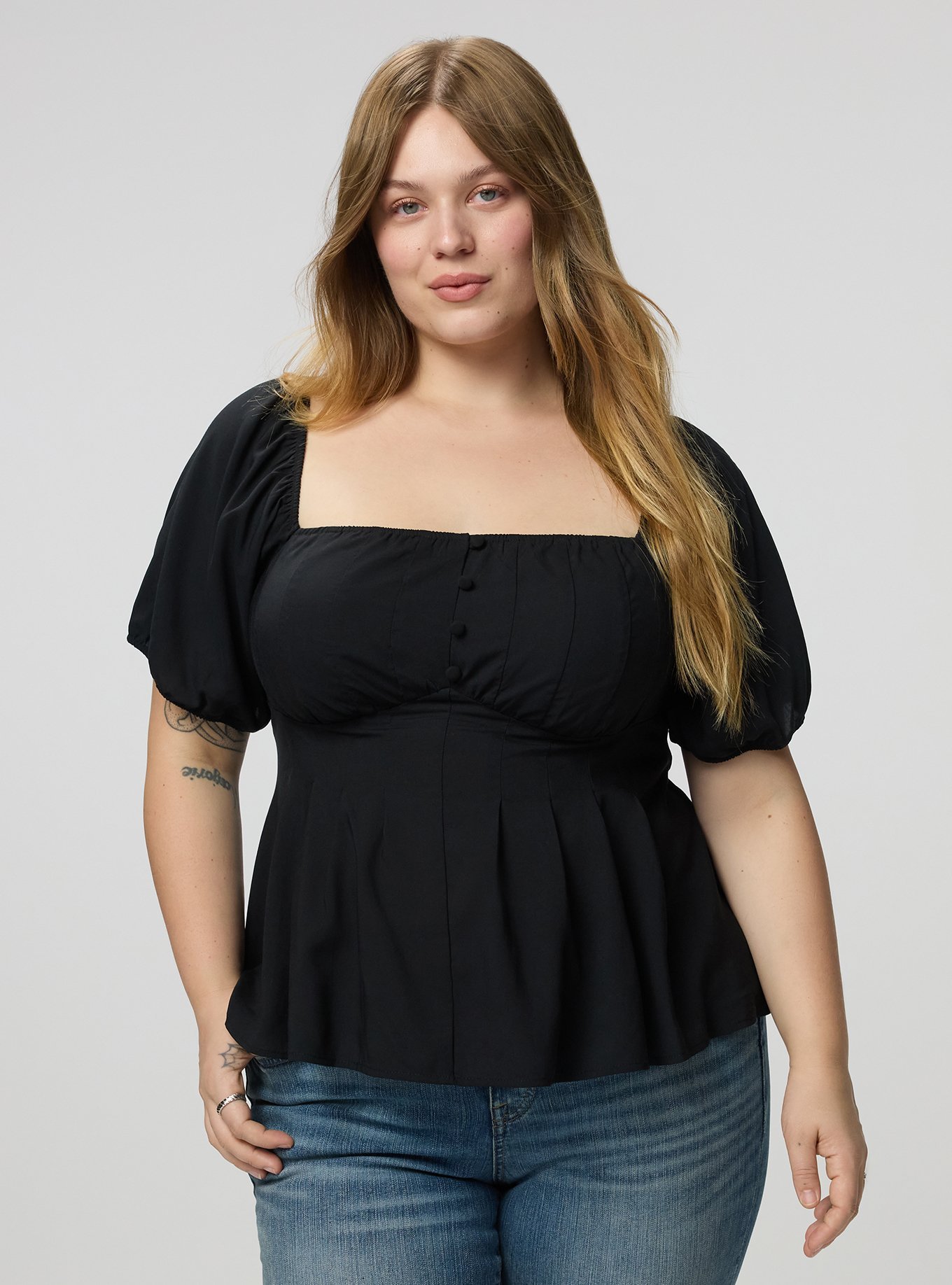 Puff Sleeve Corset Top, DEEP BLACK, hi-res