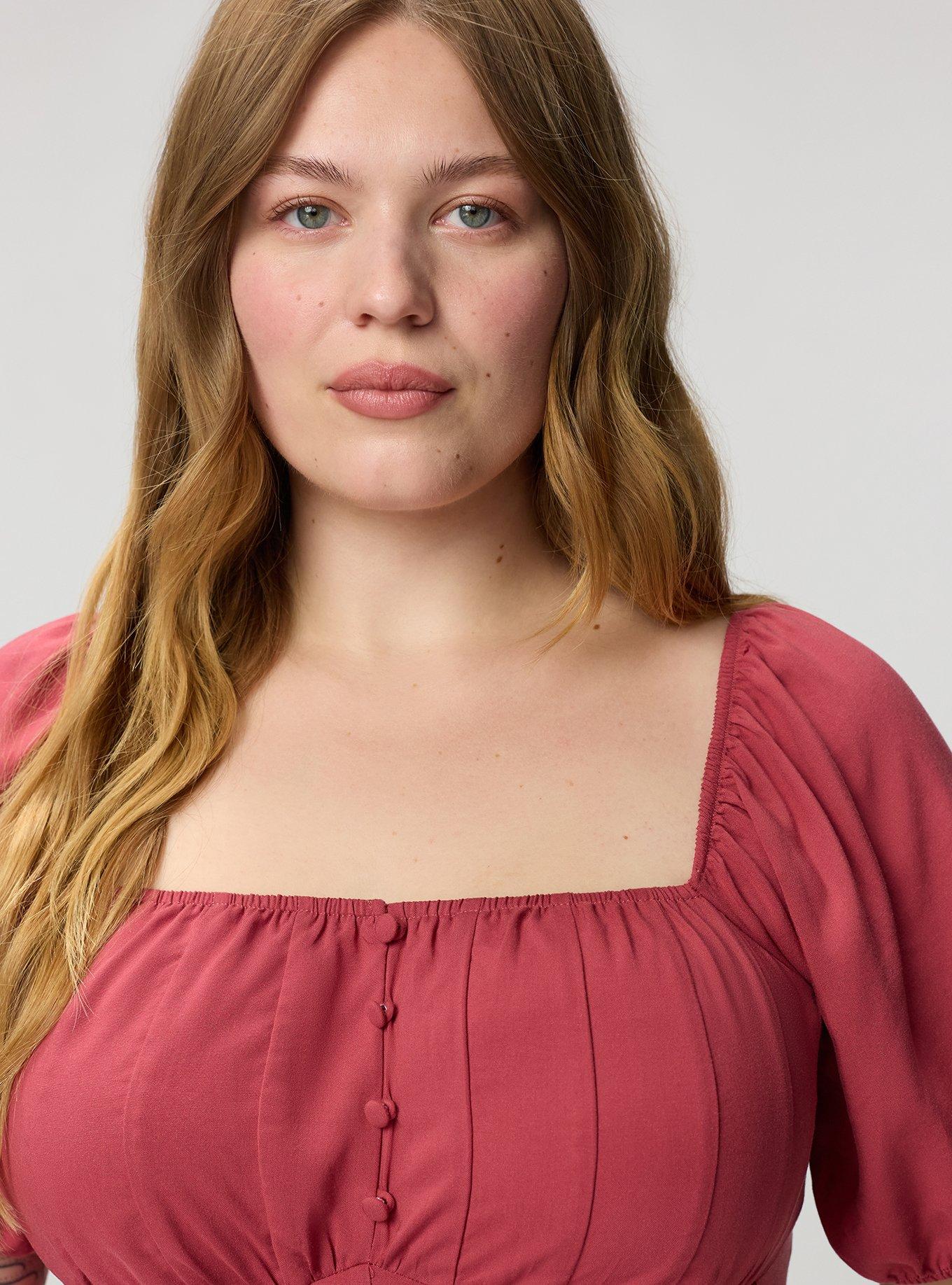 Plus Size Puff Sleeve Corset Top, EARTH RED, alternate
