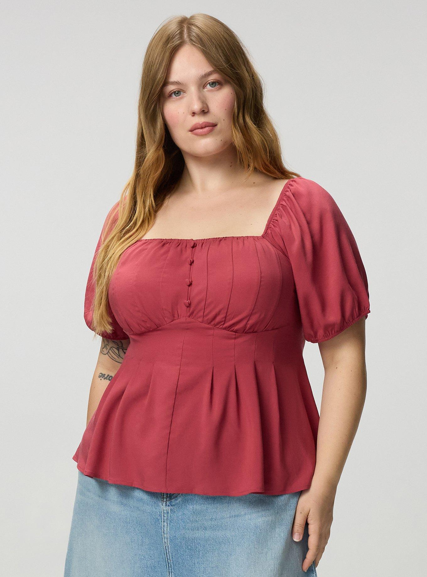 Plus Size Puff Sleeve Corset Top, EARTH RED, alternate