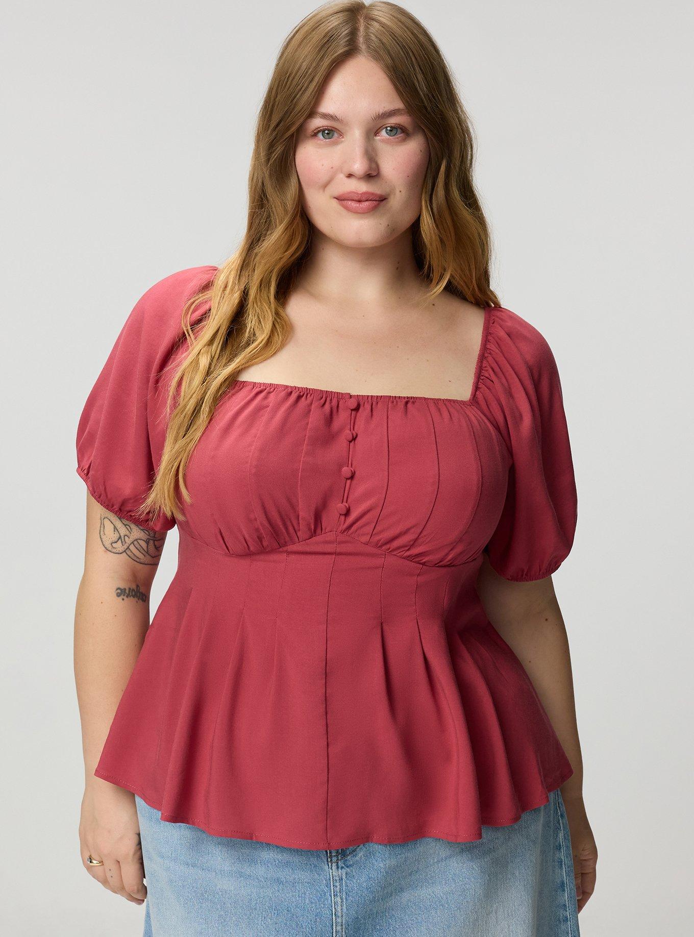 Plus Size Puff Sleeve Corset Top, EARTH RED, hi-res