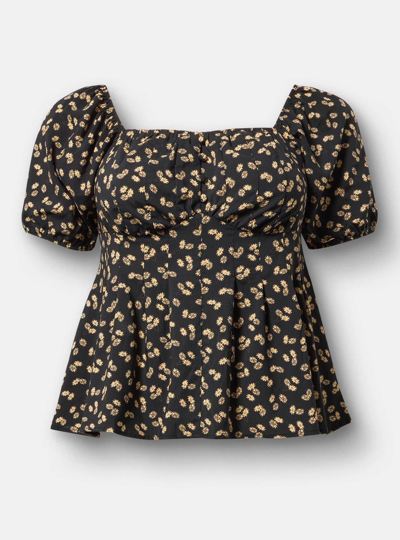 Puff Sleeve Corset Top, TOSSED DAISIES FLORAL BLACK, flat