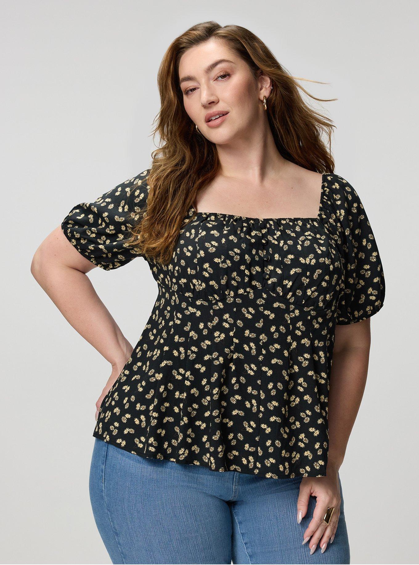 Puff Sleeve Corset Top, TOSSED DAISIES FLORAL BLACK, hi-res