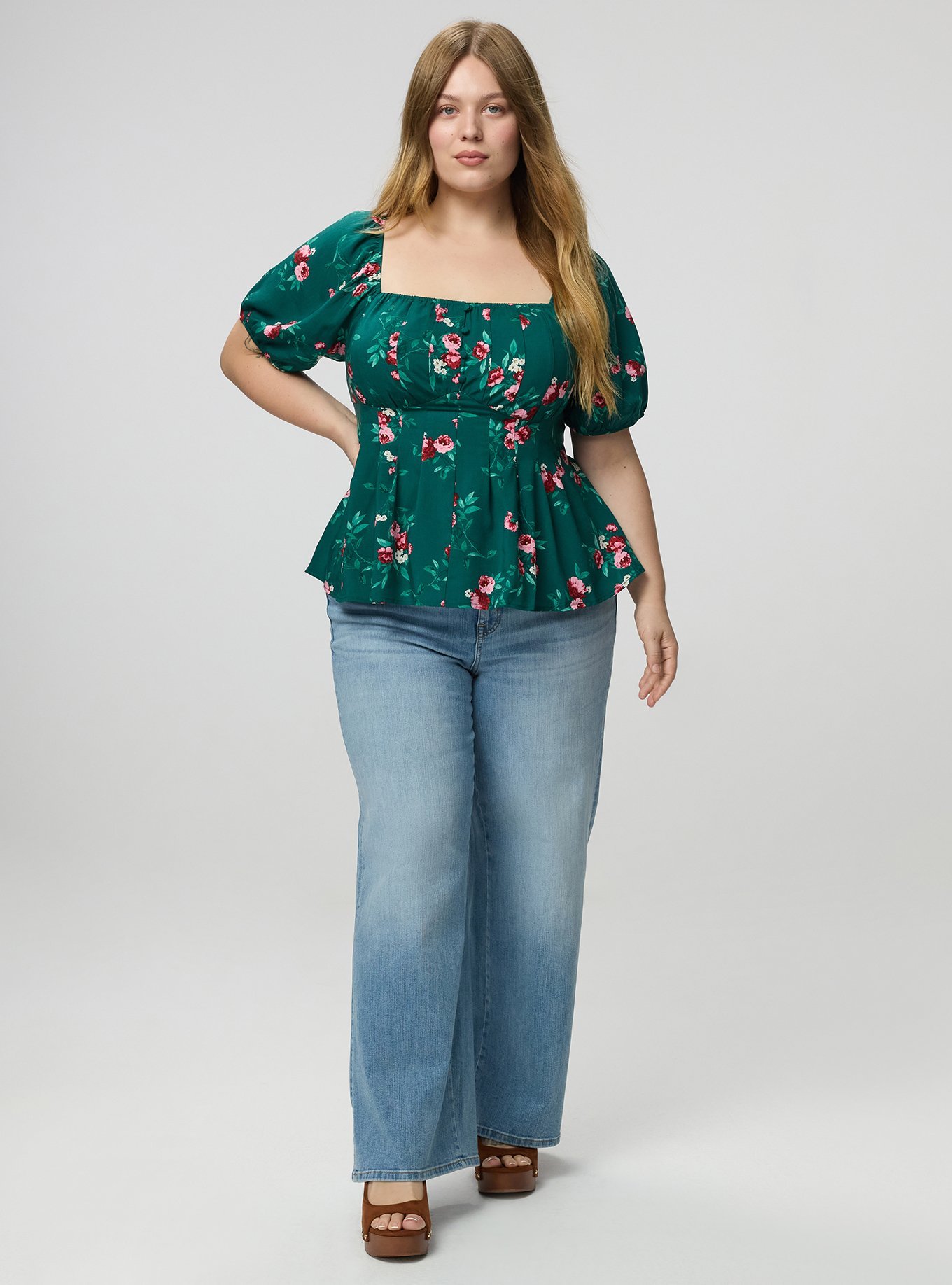 Puff Sleeve Corset Top, CHEERFUL ROSES FLORAL GREEN, alternate