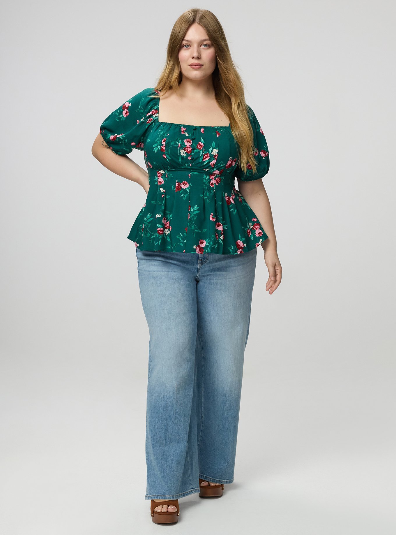 Puff Sleeve Corset Top, CHEERFUL ROSES FLORAL GREEN, alternate