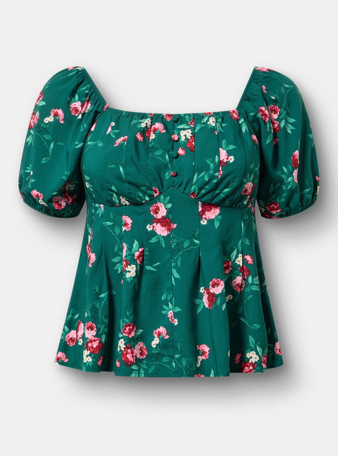 Puff Sleeve Corset Top, CHEERFUL ROSES FLORAL GREEN, hi-res