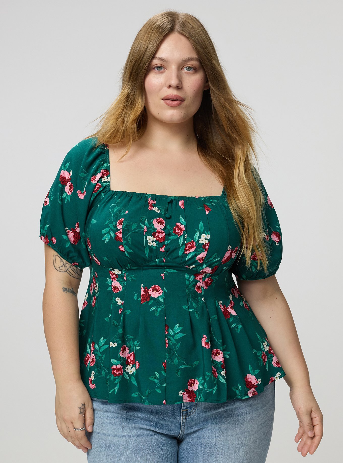Puff Sleeve Corset Top, CHEERFUL ROSES FLORAL GREEN, hi-res