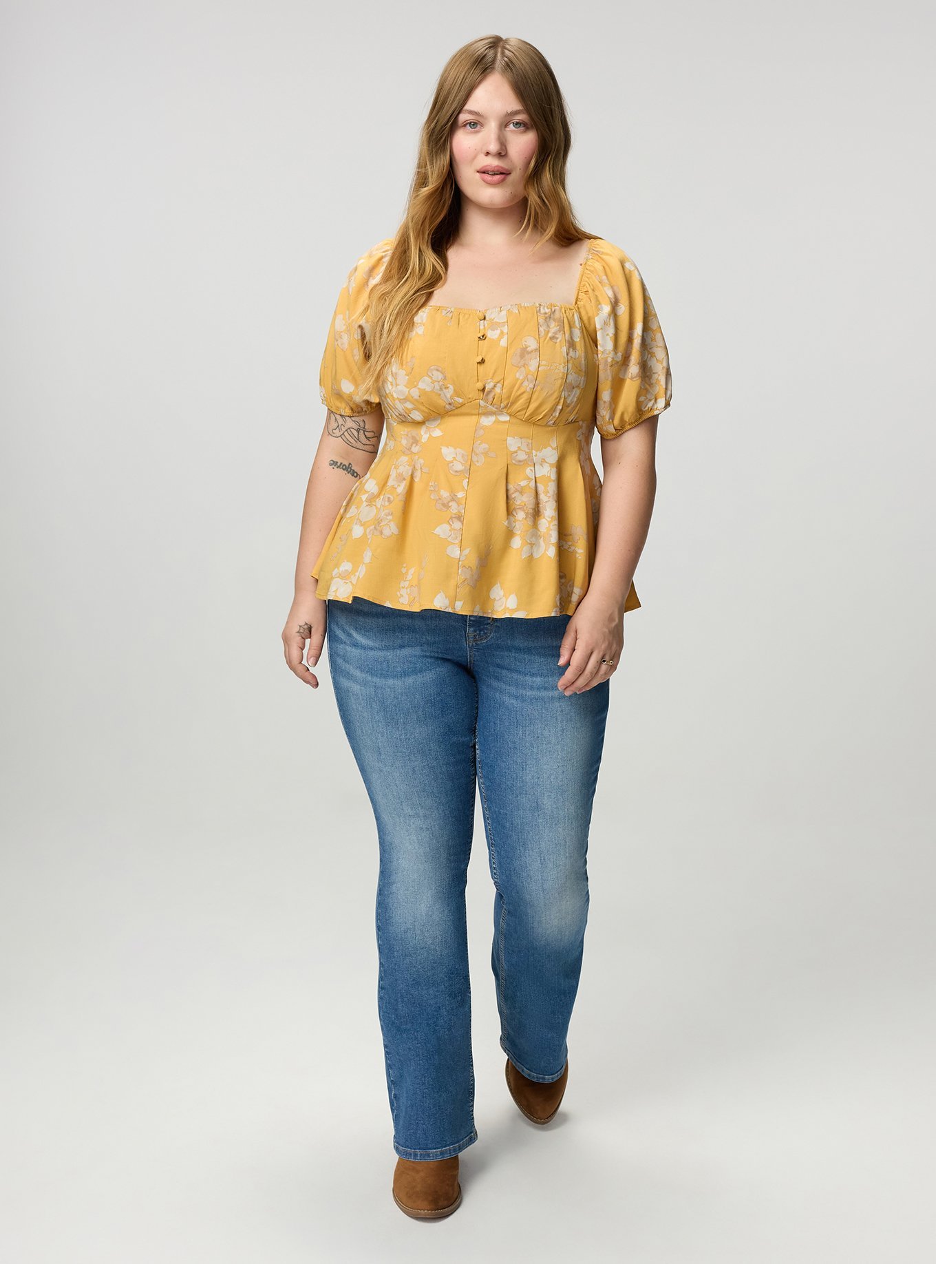 Plus Size Puff Sleeve Corset Top, LIANNA FLORAL MUSTARD, alternate