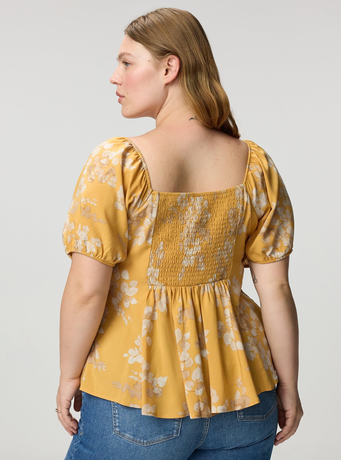 Plus Size Puff Sleeve Corset Top, LIANNA FLORAL MUSTARD, alternate