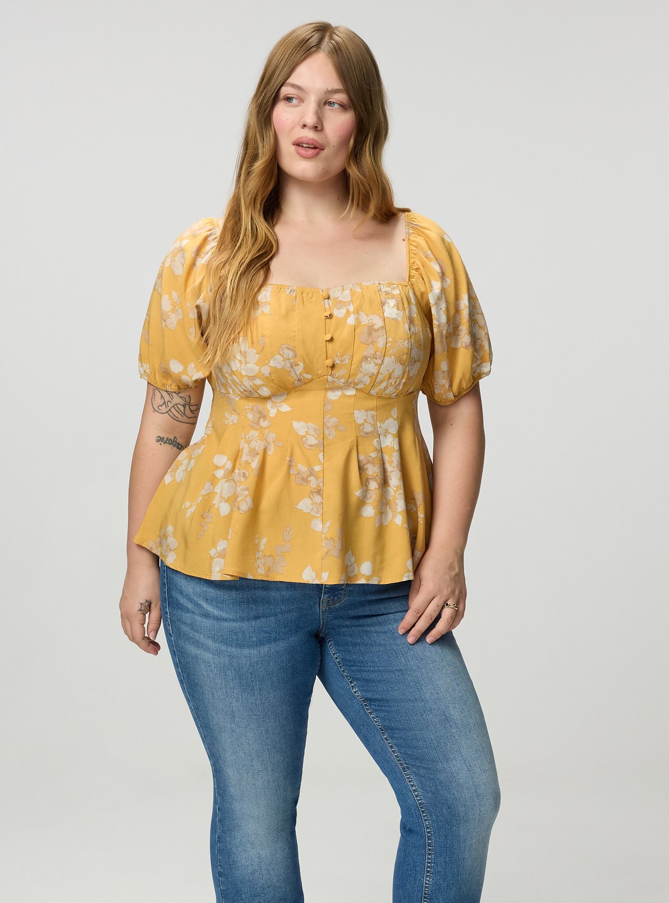 Plus Size Puff Sleeve Corset Top, LIANNA FLORAL MUSTARD, alternate