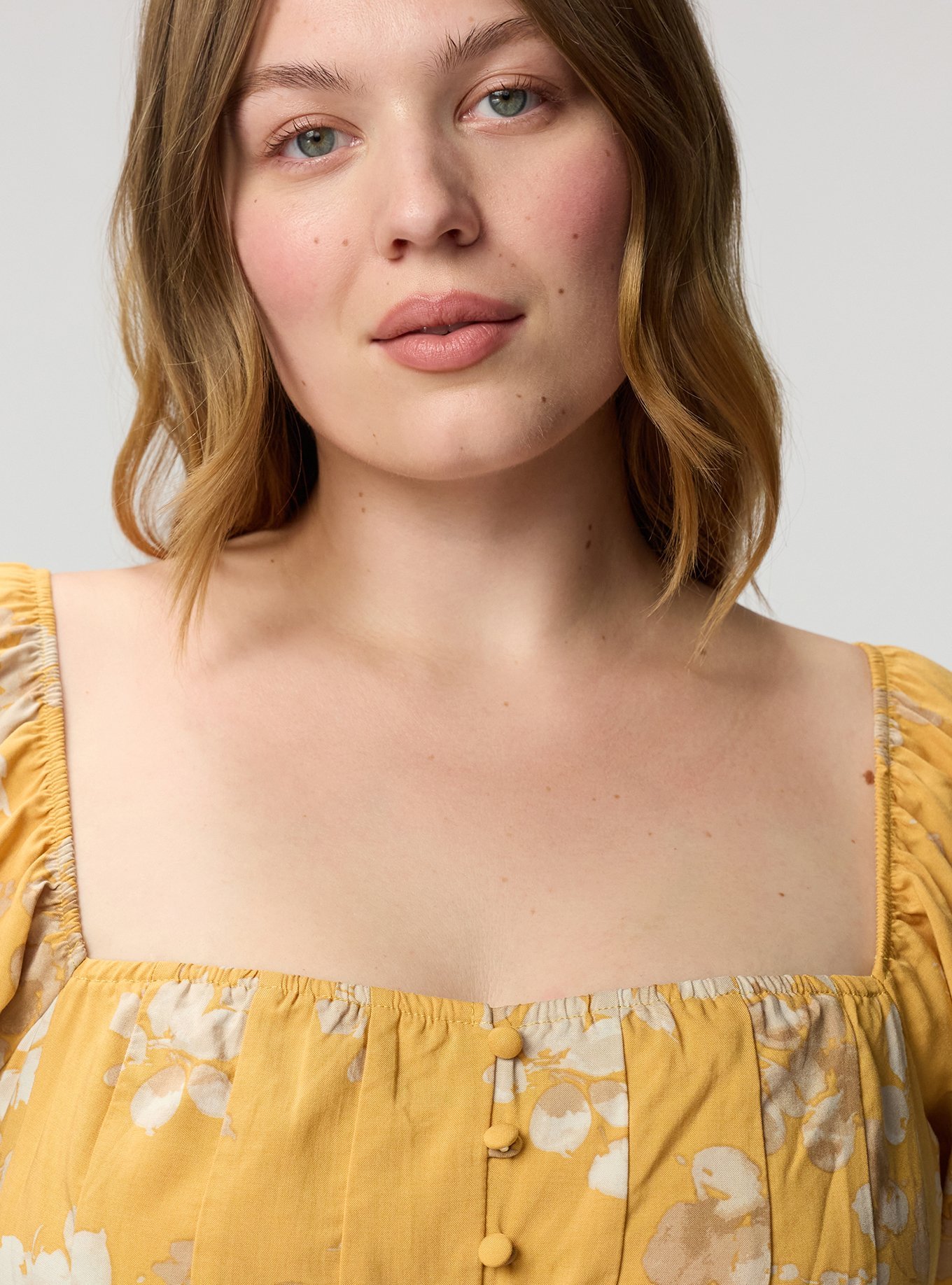 Plus Size Puff Sleeve Corset Top, LIANNA FLORAL MUSTARD, alternate