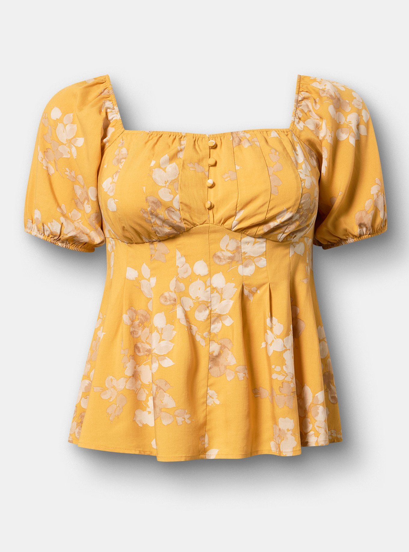 Plus Size Puff Sleeve Corset Top, LIANNA FLORAL MUSTARD, hi-res