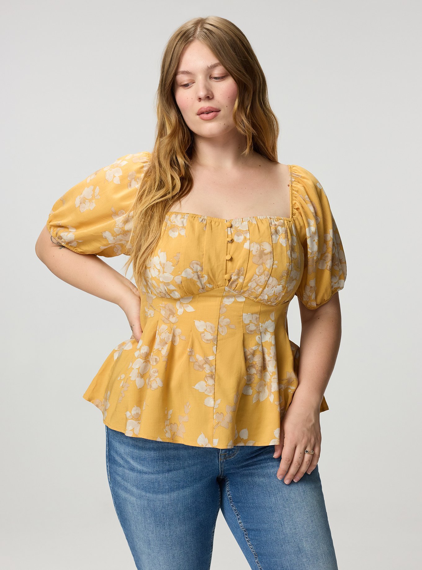 Plus Size Puff Sleeve Corset Top, LIANNA FLORAL MUSTARD, hi-res