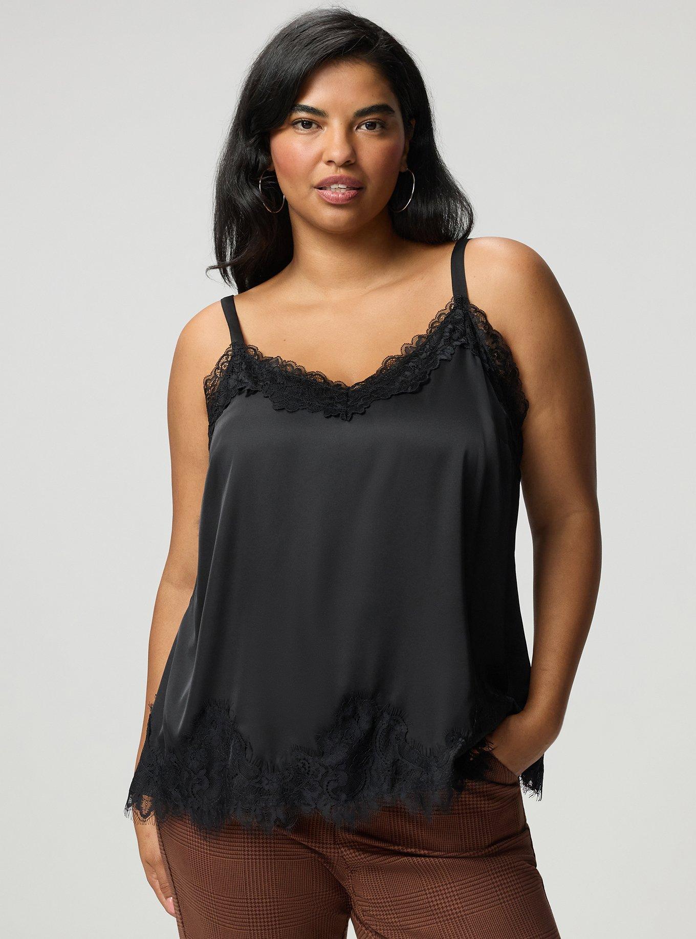 Satin Lace Trim Cami, DEEP BLACK, hi-res