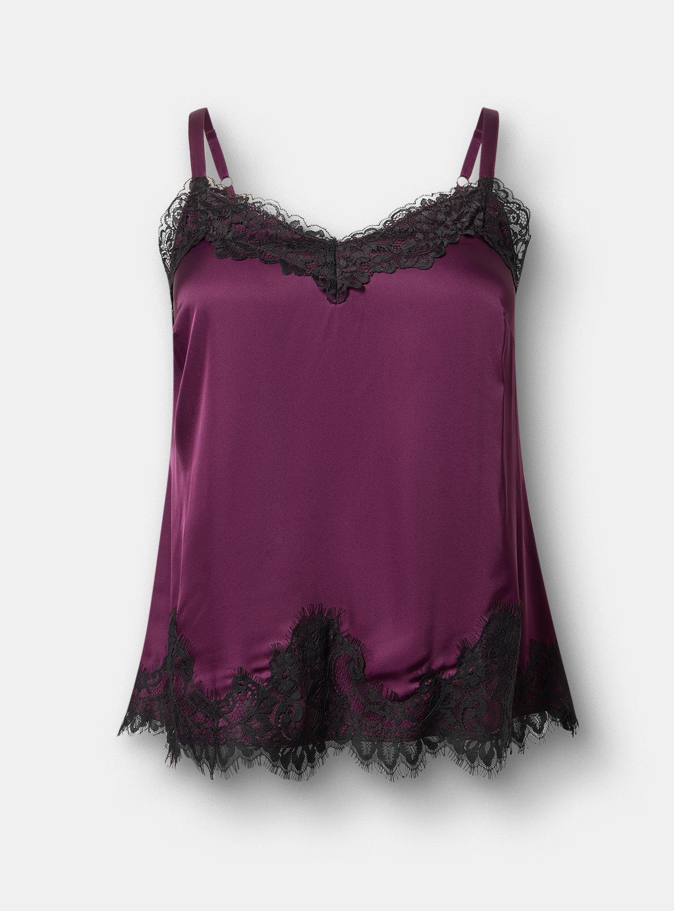 Plus Size Satin Lace Trim Cami, WINTER BLOOM, flat
