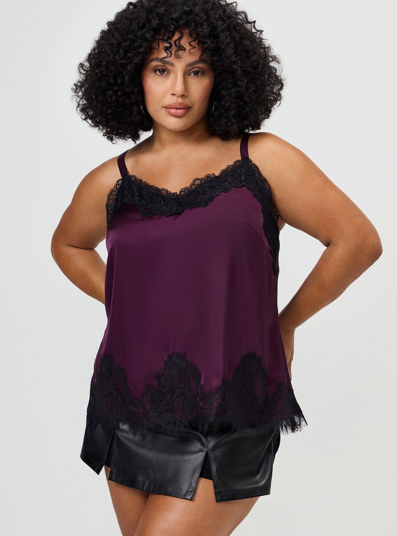 Plus Size Satin Lace Trim Cami, WINTER BLOOM, hi-res