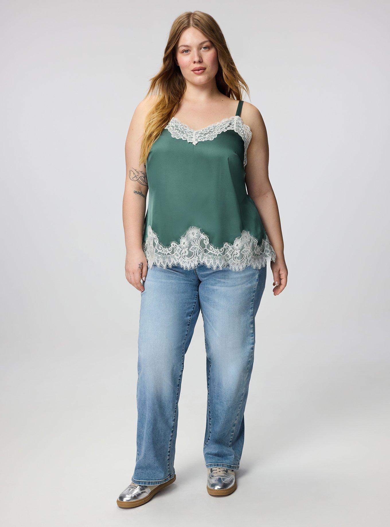 Plus Size Satin Lace Trim Cami, DARK FOREST, alternate