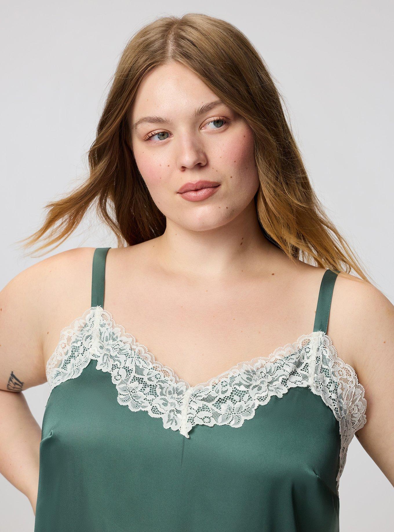 Plus Size Satin Lace Trim Cami, DARK FOREST, alternate